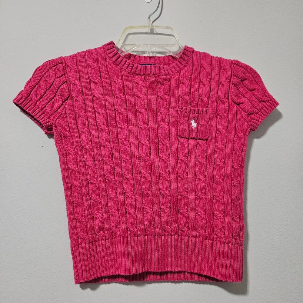 Polo Ralph Lauren Girls Pink Cable Knit Short Sleeve Sweater Size M 8-10 Pony